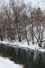 the river bank winter in the snow