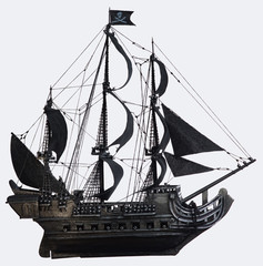 Black pirate ship of the eighteenth century with guns on white background - 248037499