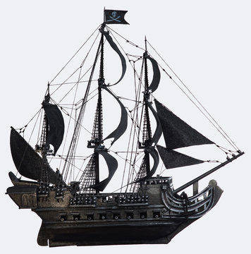 Black pirate ship of the eighteenth century with guns on white background