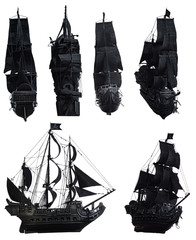 Black pirate ship of the eighteenth century with guns on white background