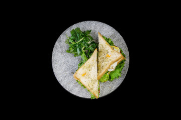 Sandwich with chicken and vegetables on a ceramic plate. Isolated on the black background, top view