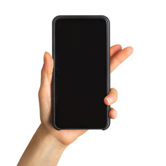 Women's hand showing black smartphone, concept of taking photo