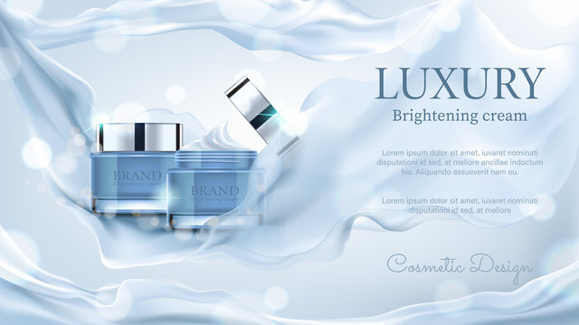 Luxury cosmetic ads, exquisite container with blue satin on bokeh background, vector illustration.