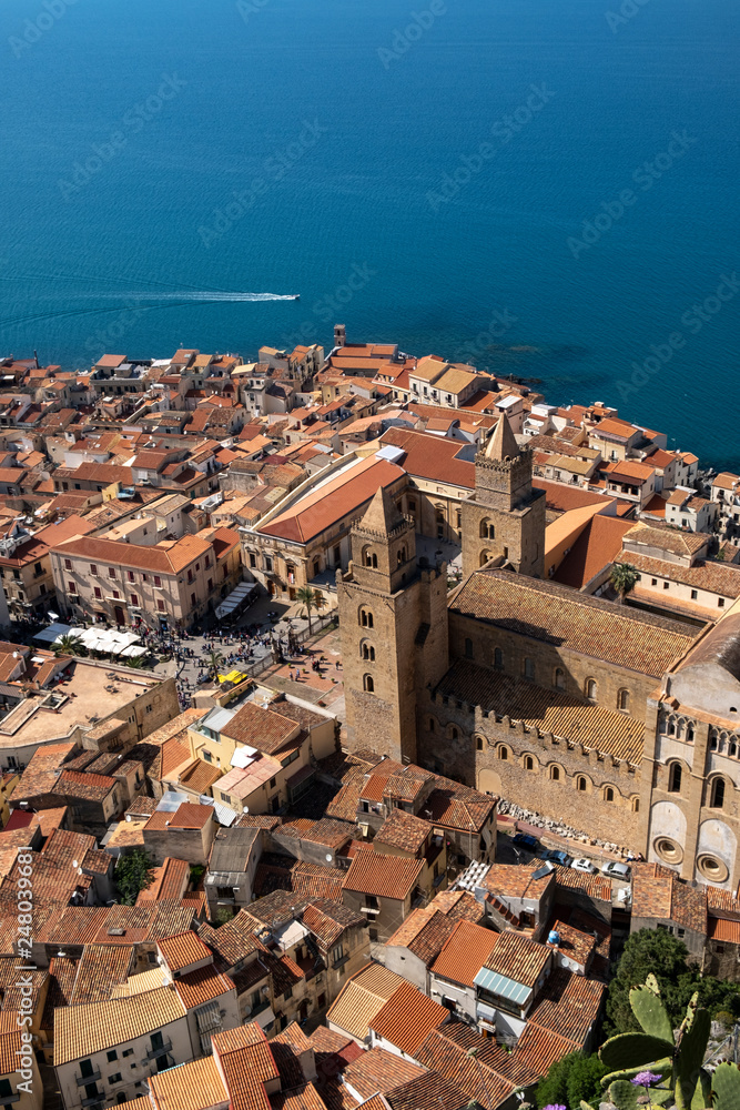 Wall mural panoramic aerial view of old town of cefalu., sicily, italy.