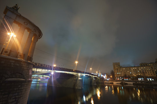 Image of Borodinsky bridge in Moscow at night winter time. 