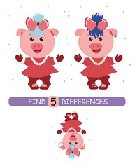 Find differences between pictures. Vector cartoon educational game. Cute pig in red dress.