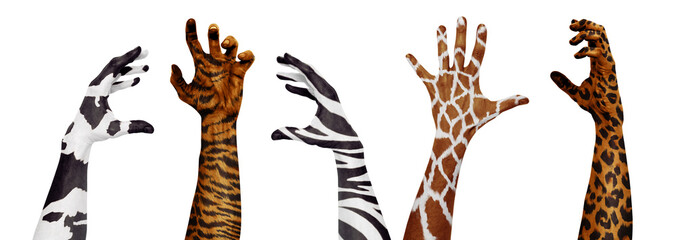 Wild animals skin on human hands. Concept of animal protection, attention to poachers, real skin fashion use. Idea of relation, friendship with animals. Design for posters, banners, advertisement - Powered by Adobe