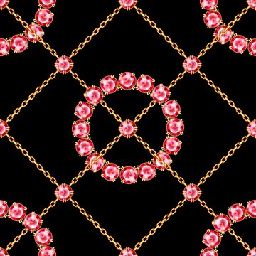 Jewelry background. Seamless pattern with crossed golden chains and round gemstones