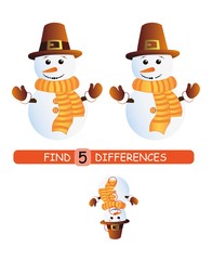 Find differences between pictures. Vector cartoon educational game. Cute snowman in a scarf.