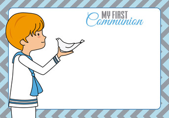 My first communion. Boy with dove. Space for text