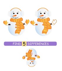Find differences between pictures. Vector cartoon educational game. Cute snowman in a scarf.