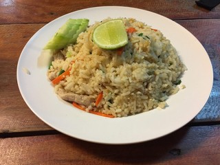 Healthy food fried rice chicken with egg and green onion