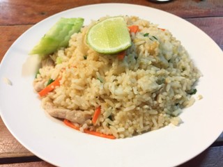 Healthy food fried rice chicken with egg and green onion