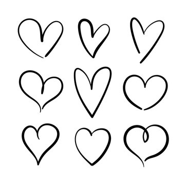 Vector set of hand drawn hearts on a white background.