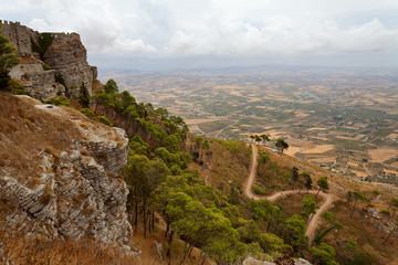 Fototapeta na wymiar Erice, Sicily, Italy - Panoramic view from Erice at the road to Erice