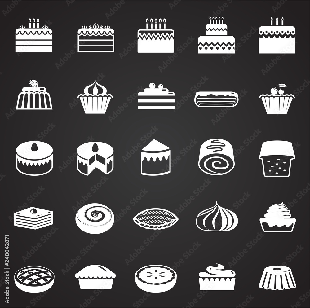 Poster cake icons set on black background for graphic and web design, modern simple vector sign. internet c