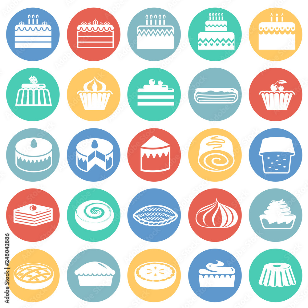 Poster cake icons set on color circles white background for graphic and web design, modern simple vector si