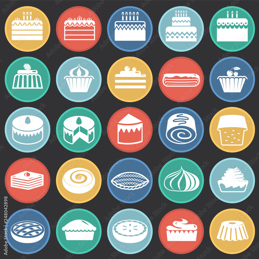 Poster cake icons set on color circles black background for graphic and web design, modern simple vector si