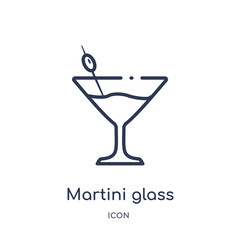 martini glass with olive icon from party outline collection. Thin line martini glass with olive icon isolated on white background.