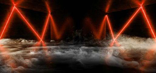 Smoke Neon Cyber Sci Fi Futuristic Modern Stage Podium Line Shaped Orange Red White Glowing Led Laser Dance Club Lights Dark Grunge Concrete Reflective Room Empty Space 3D Rendering