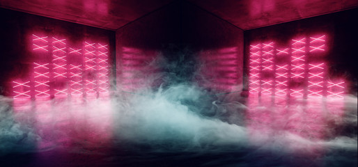 Smoke VIbrant Neon Cyber Sci Fi Futuristic Modern Red Pink Blue Glowing Led Laser Dance Club Lights Dark Grunge Concrete Reflective Room Empty Space 3D Rendering