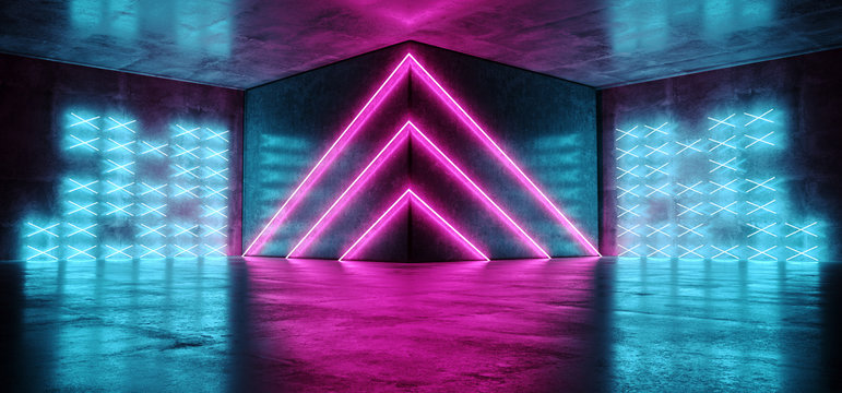 Neon Cyber Sci Fi Futuristic Modern Stage Podium Triangle Shaped Blue Pirple Pink Glowing Led Laser Dance Club Lights Dark Grunge Concrete Reflective Room Empty Space 3D Rendering