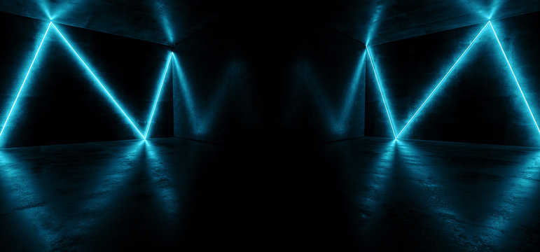 Neon Cyber Sci Fi Futuristic Modern Stage Podium Line Shaped Blue Glowing Led Laser Dance Club Lights Dark Grunge Concrete Reflective Room Empty Space 3D Rendering
