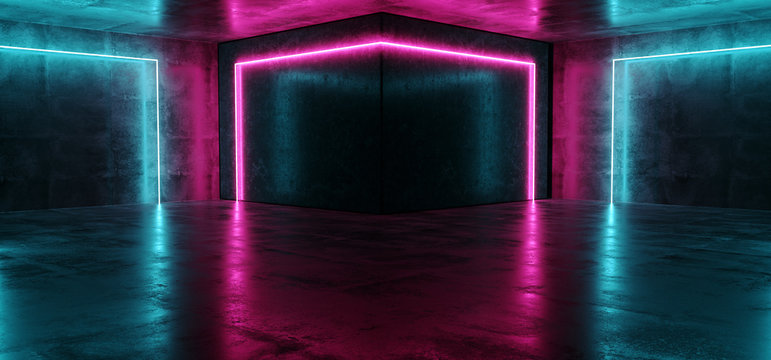 Neon Cyber Sci Fi Futuristic Modern Purple Pink Blue Glowing Led Laser Dance Club Lights Dark Grunge Concrete Reflective Room Empty Space 3D Rendering