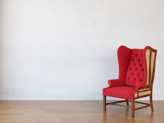Red classic armchair in the bright livin room. 3D renderind