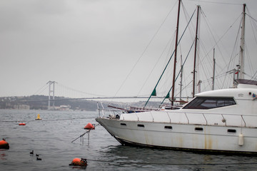 Fototapeta premium Yacht waiting moored at the port and the bridge in the background.