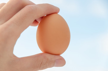 Egg in hand at the background of the sky