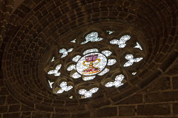 The Holy Grail image in Valencia Cathedral interior. The church has different architectural styles - roman, gothic and baroque - which make in the main historical landmark of the city