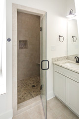 Modern New Construction White Clean Master Bathroom Shower