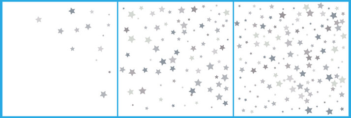 Silver glitter falling stars. Silver sparkle star on white background. Vector template for New year, Christmas, birthday, party, wedding, card, invitation, flyer, voucher, web, header.
