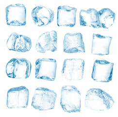 Set of peaces of pure blue natural crushed ice/ice cubes. Clipping path for each cube included.