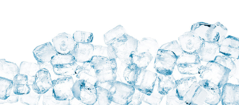 Ice cubes heap background. Isolated on white with clipping path.