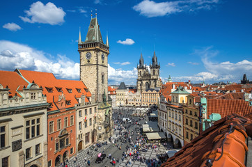 Fototapeta premium Prague, Czech Republic. Aerial view over Church of Our Lady before Tyn at Old Town square (Starometska) in Praha.