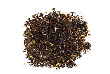 Black tea loose dried tea leaves, isolated on the white background