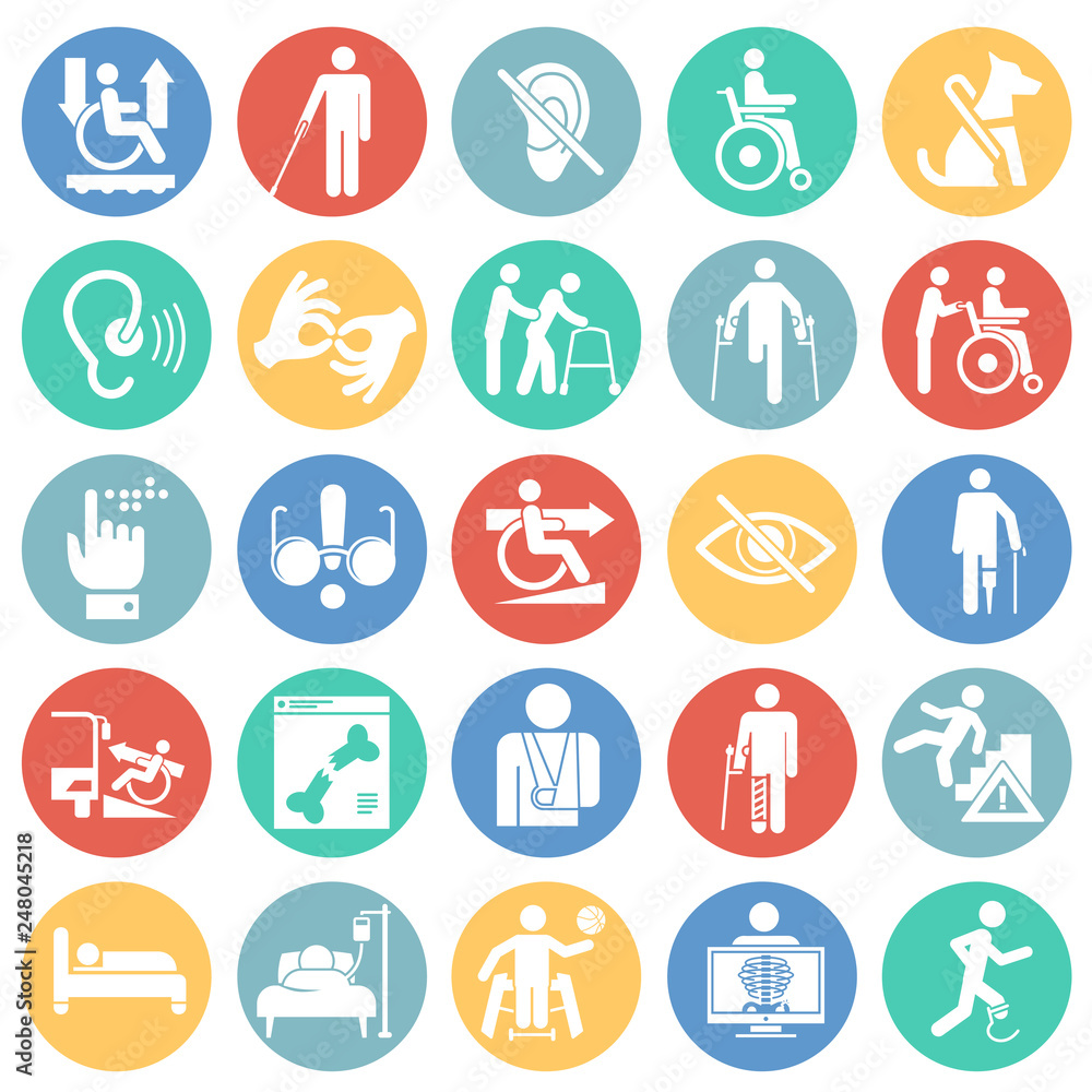 Fototapete disability icons set on color circles white background for graphic and web design, modern simple vec