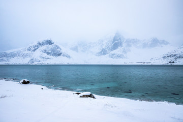  snow-covered mountains, Lofoten Islands, Norway