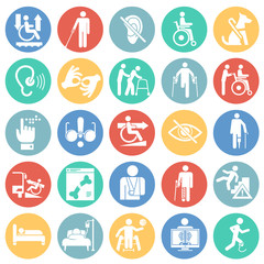 Disability icons set on color circles white background for graphic and web design, Modern simple vector sign. Internet concept. Trendy symbol for website design web button or mobile app - 248045218