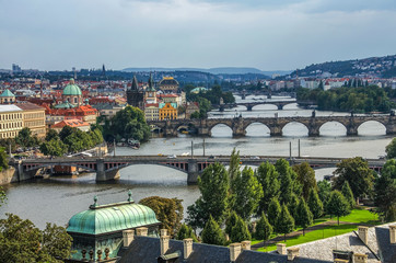 aerial view of the old bridges of Prague