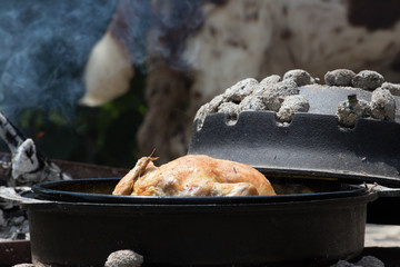 Fireplace and food preparation of traditional Croatian meal Peka