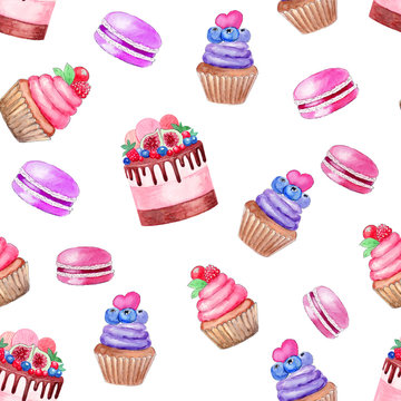 Cake, cupcake, macarons pattern illustration watercolor on white background