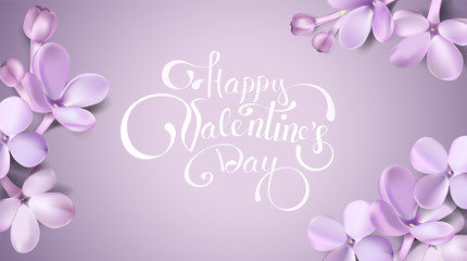 Happy Valentine's day background with lilac flower petals and lettering.