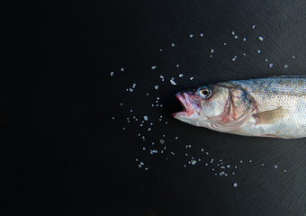 Fresh Raw Fish isolated on dark vintage background with ice from top view