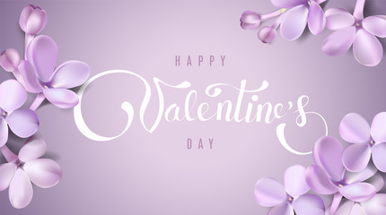 Happy Valentines day background with lilac flower petals and lettering.