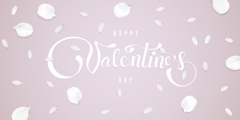 Happy Valentine's day soft color pastel background with flower petals and lettering.