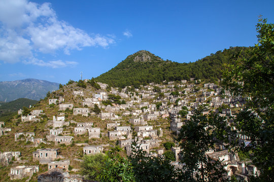 The abandoned Greek Village of Kayakoy, Fethiye, Turkey. Old greek houses, kaya koy near Mediterranean coast. 