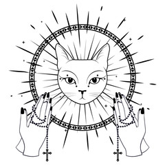 Cat Face. Praying hands holding a rosary.